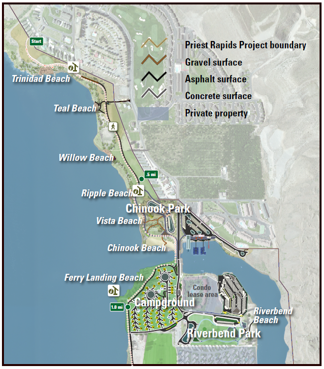 Park map of Crescent Bar beaches, parks, campground and trail