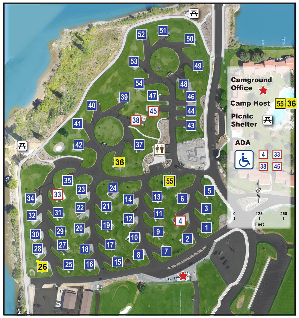 Campground map showing all 55 numbered sites, the office, camp host and ADA sites