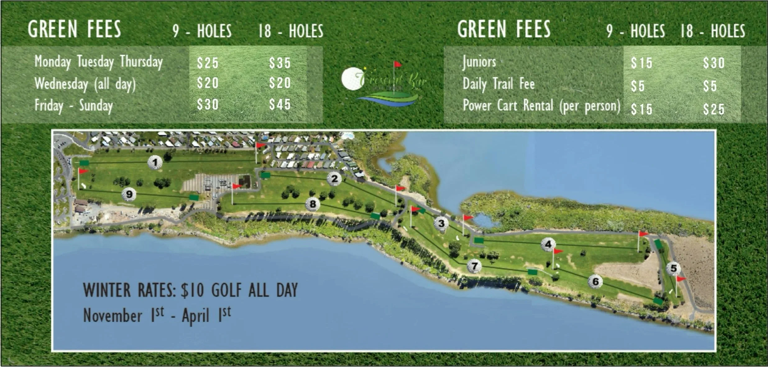 Course layout showing all 9 holes along the river